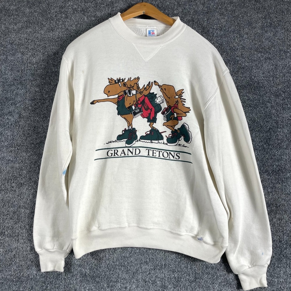 Vtg Russell Sweatshirt Adult Medium White Moose Grand Tetons 80s Crewneck Retro